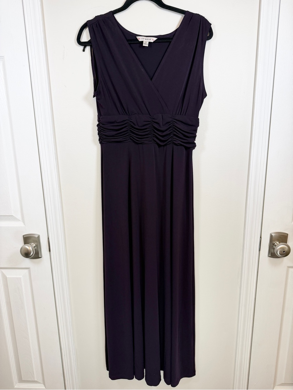 AA Studio AA Dark Purple Maxi Dress Sleeveless V Neck Ruched Waist Stretch 10